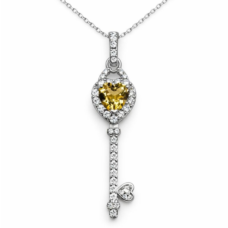 S925 Citrine Heart Key Pendant